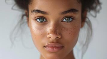 Close-Up Portrait of a Young Woman With Freckles and Green Eyes. . photo