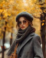 elegante mujer en un gris Saco y boina disfrutando otoño en el ciudad parque. generativo por ai foto