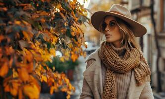 un mujer disfrutando otoño por un árbol adornado con vistoso hojas. generativo por ai foto