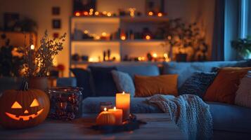 Cozy Halloween evening with pumpkin and candles in warmly lit room. Generative by AI photo