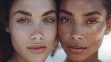 Two women, one with freckles and the other with smooth skin, gaze directly at the camera. . photo