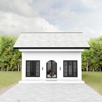 White modern minimalist house with green grass. View into living room. 3D Rendering photo
