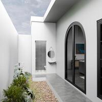 Design of a small minimalist and modern Japanese style house in the community. 3D Rendering photo