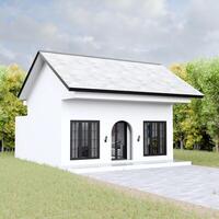 White modern minimalist house with green grass. View into living room. 3D Rendering photo