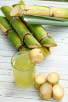 Drink from sugar cane juice, squeezed sugar cane juice with sugar cane stalks and natural background photo