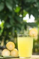 Drink from sugar cane juice, squeezed sugar cane juice with sugar cane stalks and natural background photo
