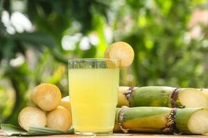 Drink from sugar cane juice, squeezed sugar cane juice with sugar cane stalks and natural background photo