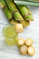 Drink from sugar cane juice, squeezed sugar cane juice with sugar cane stalks and natural background photo