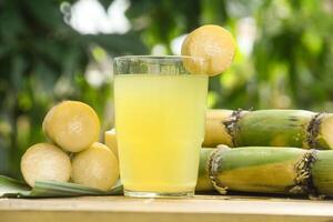 Drink from sugar cane juice, squeezed sugar cane juice with sugar cane stalks and natural background photo