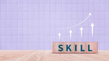 Skill training, Personal development and promoted employee, education, learning, ability, Upskilling and personal development concept, Upskilling, reskilling, new skills on wooden cube. photo