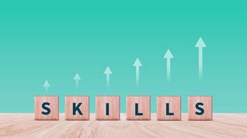 Skill training, Personal development and promoted employee, education, learning, ability, Upskilling and personal development concept, Upskilling, reskilling, new skills on wooden cube. photo