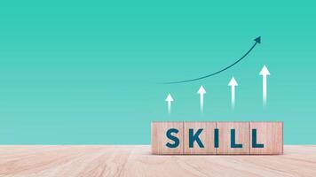 Skill training, Personal development and promoted employee, education, learning, ability, Upskilling and personal development concept, Upskilling, reskilling, new skills on wooden cube. photo