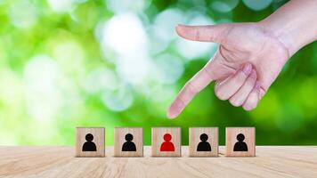 Human resources management and business hire recruitment concept, Corporate hierarchy, recruiter to complete team by leader person, professional staff search, icon on wooden cube. photo