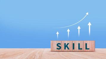 Skill training, Personal development and promoted employee, education, learning, ability, Upskilling and personal development concept, Upskilling, reskilling, new skills on wooden cube. photo