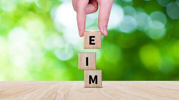 EIM Enterprise information management system on wooden cubes, EIM Global Network with Analyzing Technological Data, Efficient Information Management. photo