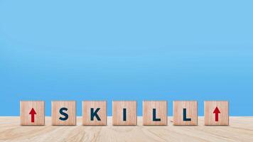 Skill training, Personal development and promoted employee, education, learning, ability, Upskilling and personal development concept, Upskilling, reskilling, new skills on wooden cube. photo
