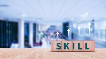 Skill training, Personal development and promoted employee, education, learning, ability, Upskilling and personal development concept, Upskilling, reskilling, new skills on wooden cube. photo