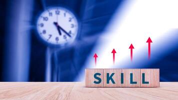 Skill training, Personal development and promoted employee, education, learning, ability, Upskilling and personal development concept, Upskilling, reskilling, new skills on wooden cube. photo