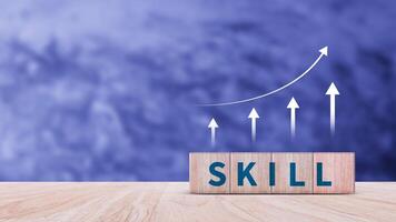 Skill training, Personal development and promoted employee, education, learning, ability, Upskilling and personal development concept, Upskilling, reskilling, new skills on wooden cube. photo