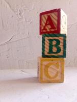 A photo of a wooden block with the words ABC alphabet written on it, styled in isolation with space for text.