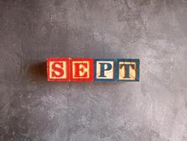 A photo of a wooden block with the words september written on it, styled in isolation with space for text.