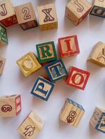 A photo of a wooden block with the words crypto written on it, styled in isolation with space for text.