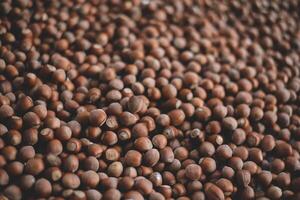 Hazelnuts in a wooden bowl on rustic background, Hazelnut background with green leaf photo