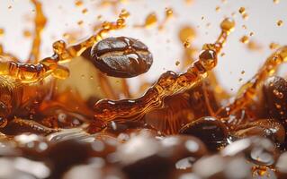 A splash of coffee with coffee beans floating in it photo