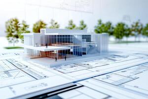 Architectural design concept with architectural plans and architectural model on white background photo