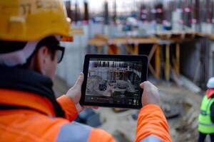 A construction worker holding up a tablet computer photo