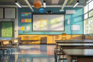 A classroom with desks and chairs in front of a large screen photo