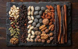 Assortment of Spices and Nuts on Slate photo