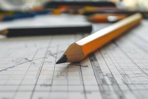 A pencil sits on top of a blueprint photo