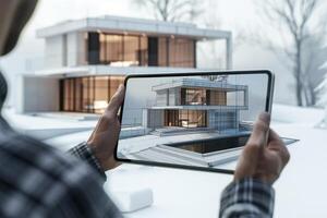 A person holding a tablet with a house on it photo