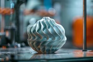 A vase made of plastic is sitting on a table photo