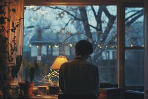 A man sits at a desk in front of a window, looking out at the trees photo