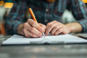 A man is writing with a pen on a piece of paper photo
