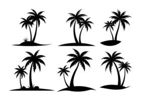 collection of Tropical Palm Trees, Black Silhouettes and Wave Lines Isolated on White Background. vector