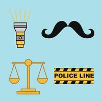 Image elements include flashlights, mustache, scales and police line signs vector