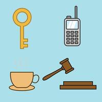 Collection of justice or crime element images of keys, handy talkies, coffee cups and judge's gavels vector
