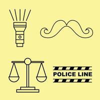 Image elements include flashlights, mustache, scales and police line outline vector