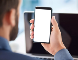 Man Holding Smartphone With Digital Wallet Interface in Modern Office Setting png