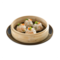 A wooden steamer with Dim Sum on a black plate png