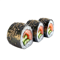 Three sushi rolls with cucumber and salmon on without background png