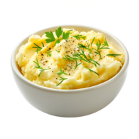 A bowl of mashed potatoes with herbs on top png