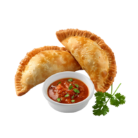 Two empanadas with sauce and a bowl of salsa png
