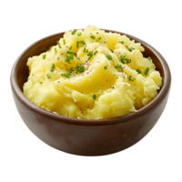 A bowl of mashed potatoes with herbs on top png
