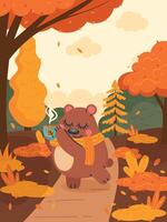 autumn composition, a bear in a scarf with a mug of warm drink stands in the forest on a path, red and orange trees vector