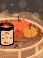 cozy autumn poster with candle, pumpkins, branch, matches and bokeh effect, autumn golden season background, cozy wallpaper vector
