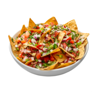 A bowl of nachos with salsa and vegetables png